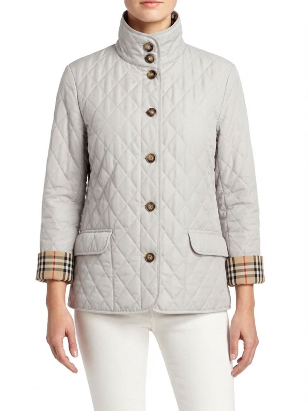 Burberry London Grey Beige Quilted Diamond Jacket Nova Check England Sz Large